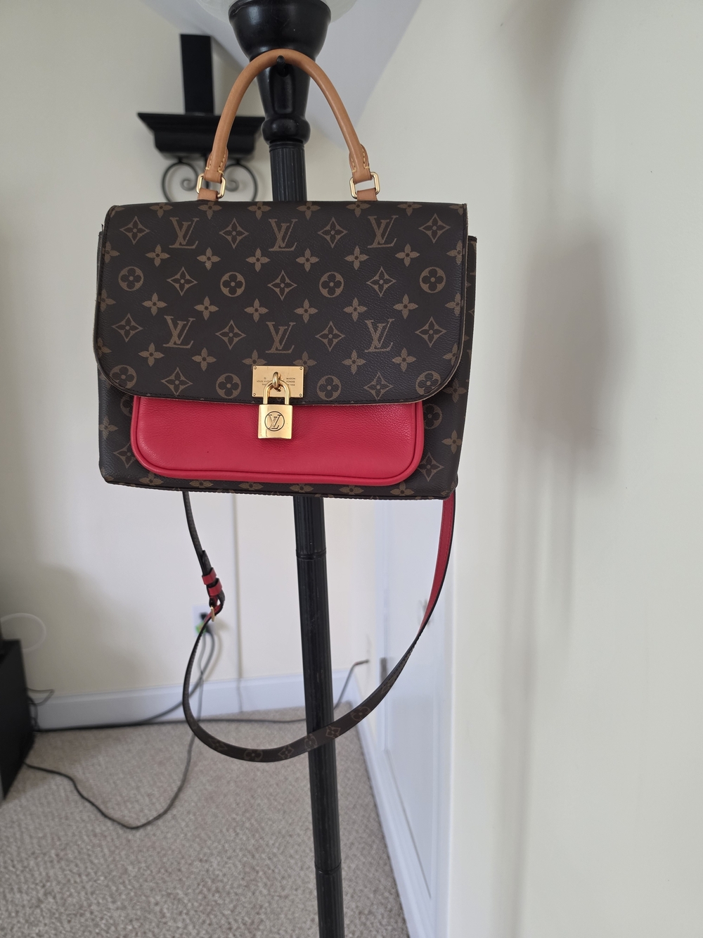 Louis Vuitton Brown Monogram Satchel with Red Front Pocket